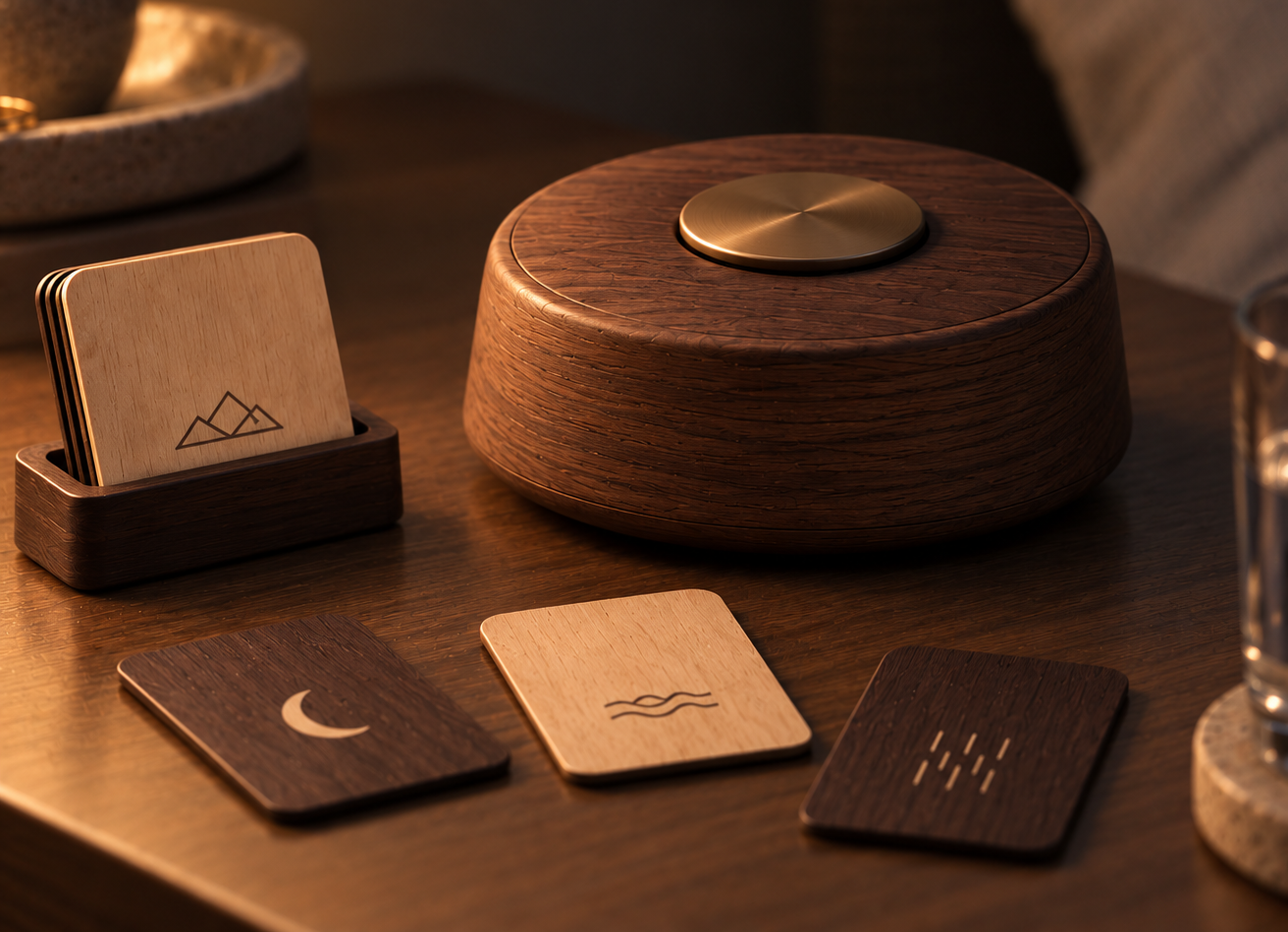 A round walnut bedside audio player with a brass button on a dark nightstand in warm lamplight
